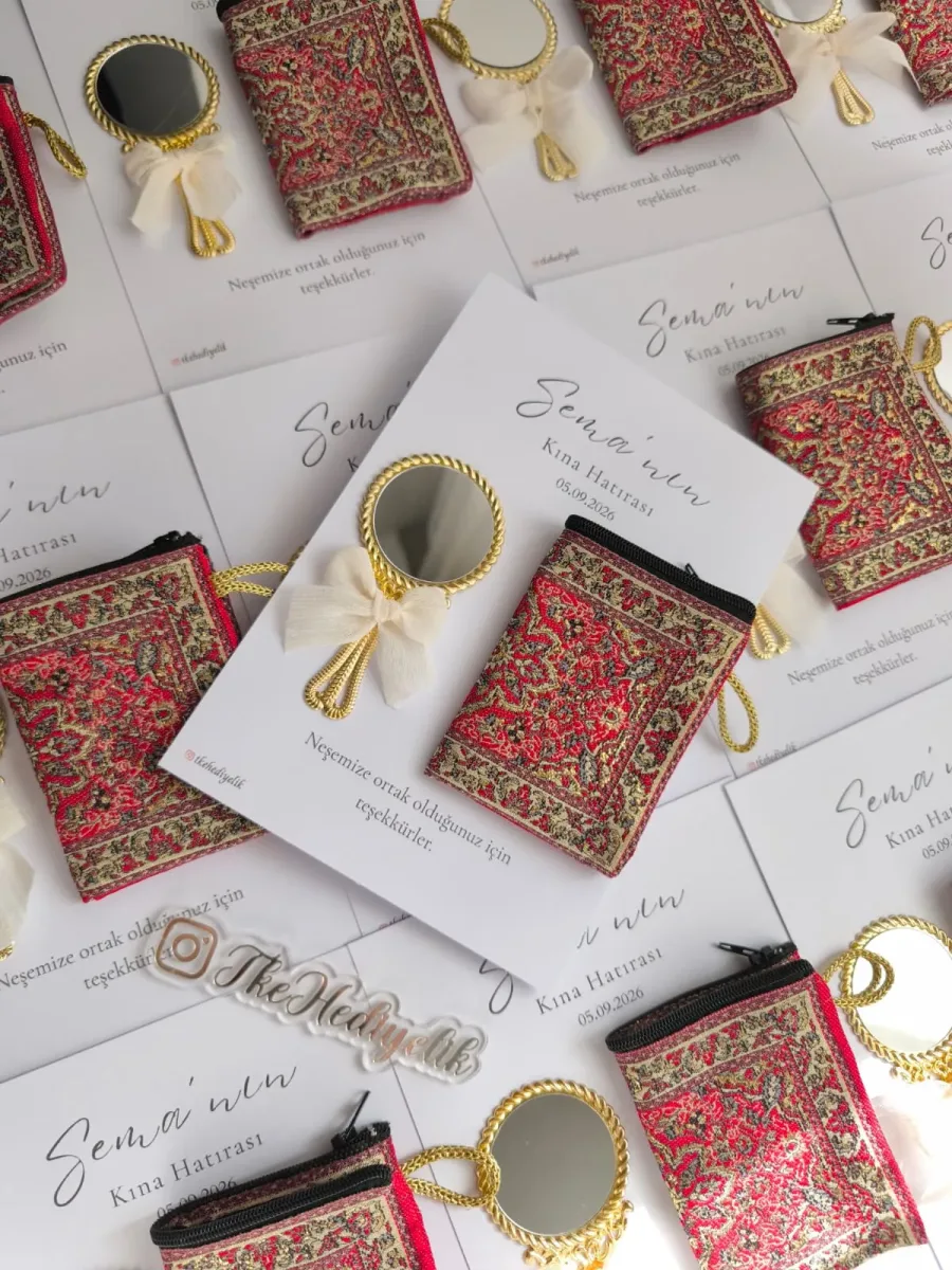 Keten Kurdeleli Gold Vintage Ayna ve Etnik Desenli Cüzdan