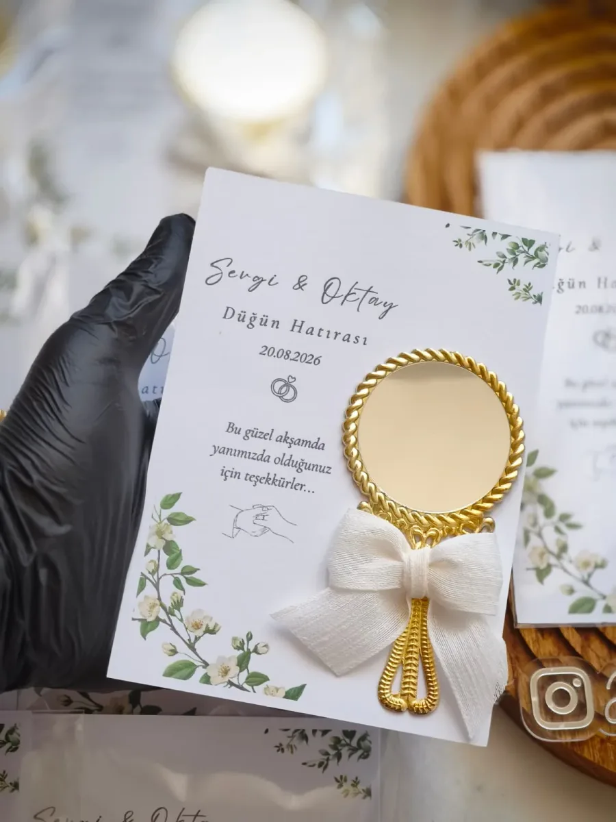 Keten Kurdeleli Gold Vintage Ayna – Kişiye Özel Düğün Hediyeliği