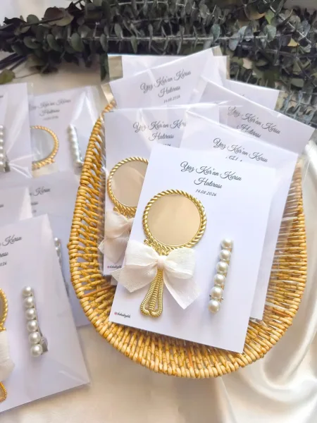 Yaz Kuran Kursu Hatırası Gold Vintage Ayna ve İnci Toka
