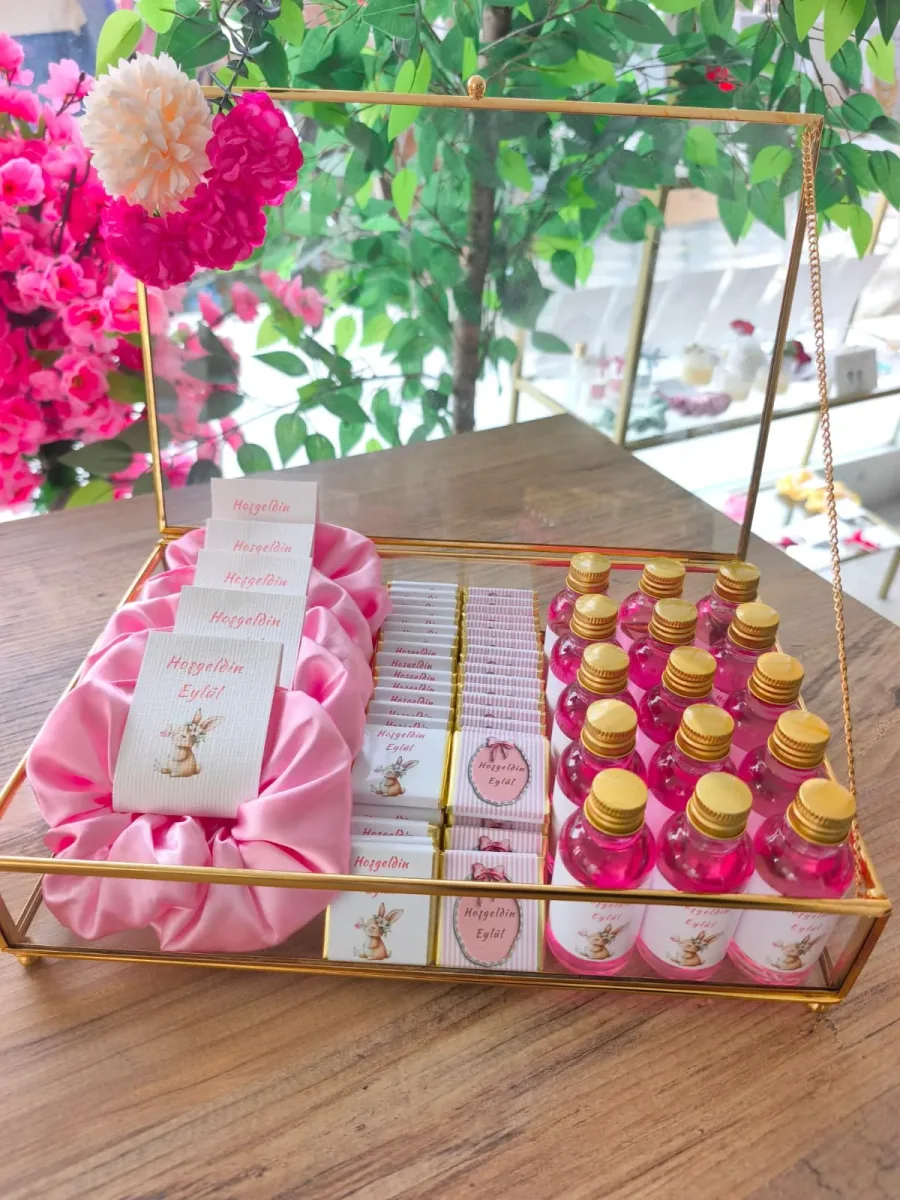 Cam Kutulu Pembe Tavşan Temalı Kız Bebek Doğum Günü & Yenidoğan Premium Set