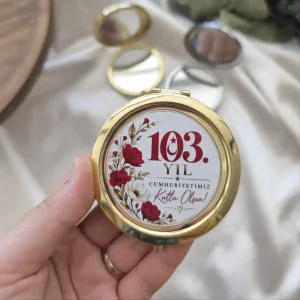 Çiçek Motifli 103. Yıl Cumhuriyet Bayramı Kurumsal Metal Çanta Aynası (Gold Model)