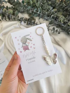 İncili Kelebek Gümüş Anahtarlık – Kişiye Özel Kartlı Doğum Günü & Baby Shower Hediyeliği