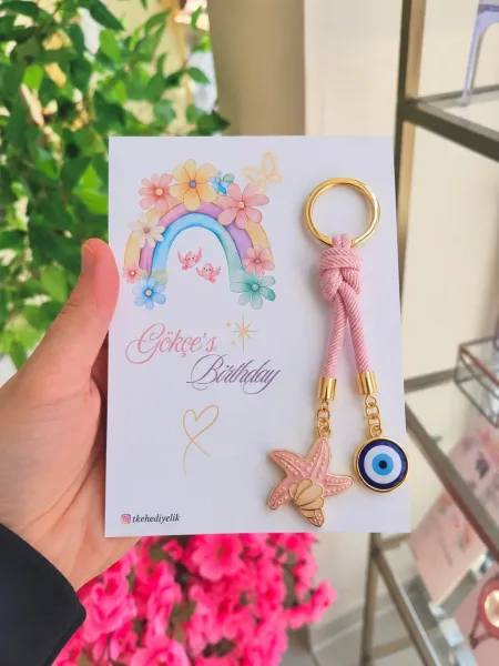 Pembe Halat İpli Deniz Yıldızı Ve Nazar Boncuklu Gold Anahtarlık Doğum Günü, Bebek Mevlidi & Baby Shower Hediyeliği