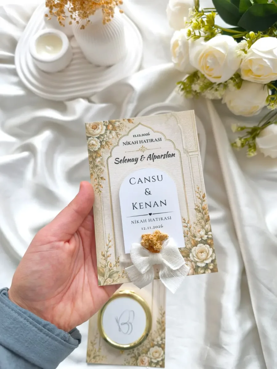 Keten Fiyonk Ve Kuru Çiçek Süslemeli Kemer Pleksi Magnet Nikah, Düğün & Nişan Hediyeliği