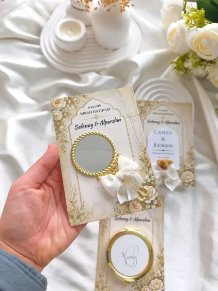 Dokulu Kartlı Gold Vintage El Aynası Nikah, Düğün & Nişan Hediyeliği