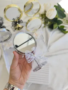 Gümüş Ayaklı Mini Masa Aynası Dantel & İnci Süslemeli Söz, Nişan, Nikah Hediyeliği