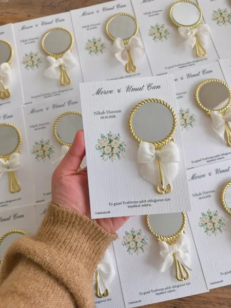 Keten Kurdeleli Gold Vintage Ayna – Kişiye Özel Nikâh Hatırası