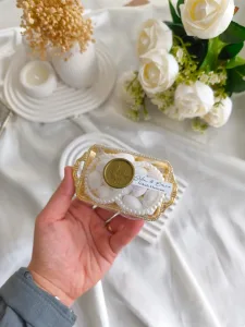 Gold & Gümüş Mini Tepsi İçinde Tüllü Badem Şekerli Nikah & Söz Nişan Hediyeliği