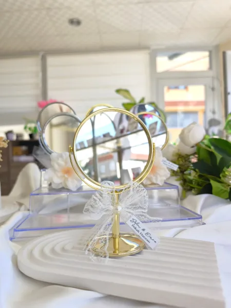 Gold Ayaklı Mini Masa Aynası Dantel & İnci Süslemeli Söz, Nişan, Nikah Hediyeliği
