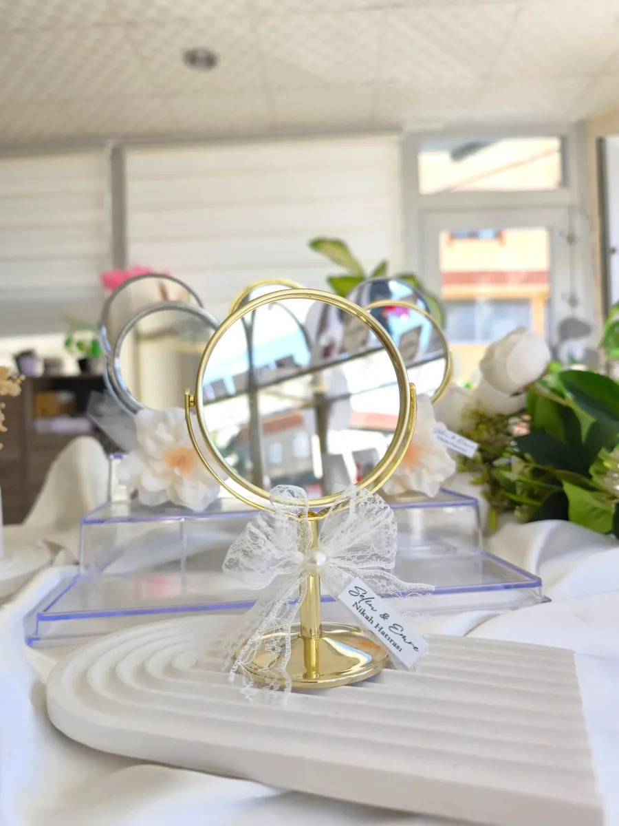 Gold Ayaklı Mini Masa Aynası Dantel & İnci Süslemeli Söz, Nişan, Nikah Hediyeliği
