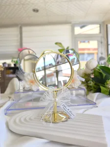 Gold Ayaklı Mini Masa Aynası Dantel & İnci Süslemeli Söz, Nişan, Nikah Hediyeliği