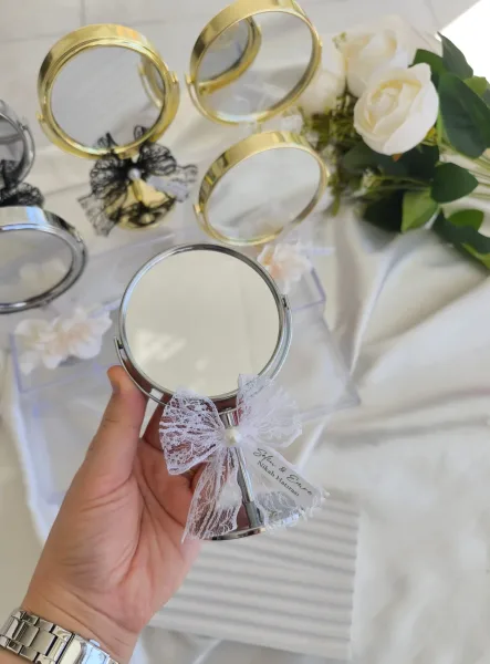 Gümüş Ayaklı Mini Masa Aynası Dantel & İnci Süslemeli Söz, Nişan, Nikah Hediyeliği