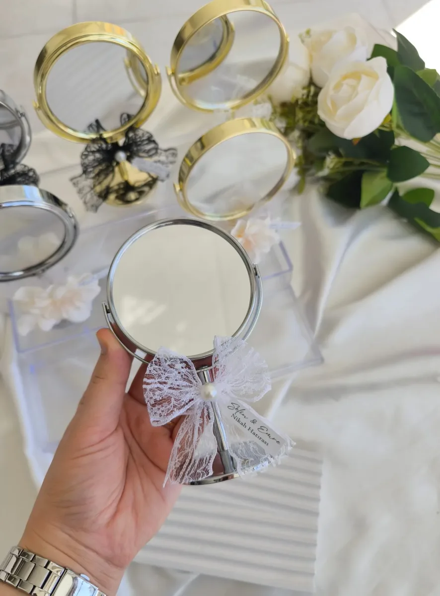 Gümüş Ayaklı Mini Masa Aynası Dantel & İnci Süslemeli Söz, Nişan, Nikah Hediyeliği