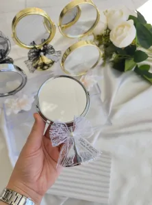 Gümüş Ayaklı Mini Masa Aynası Dantel & İnci Süslemeli Söz, Nişan, Nikah Hediyeliği