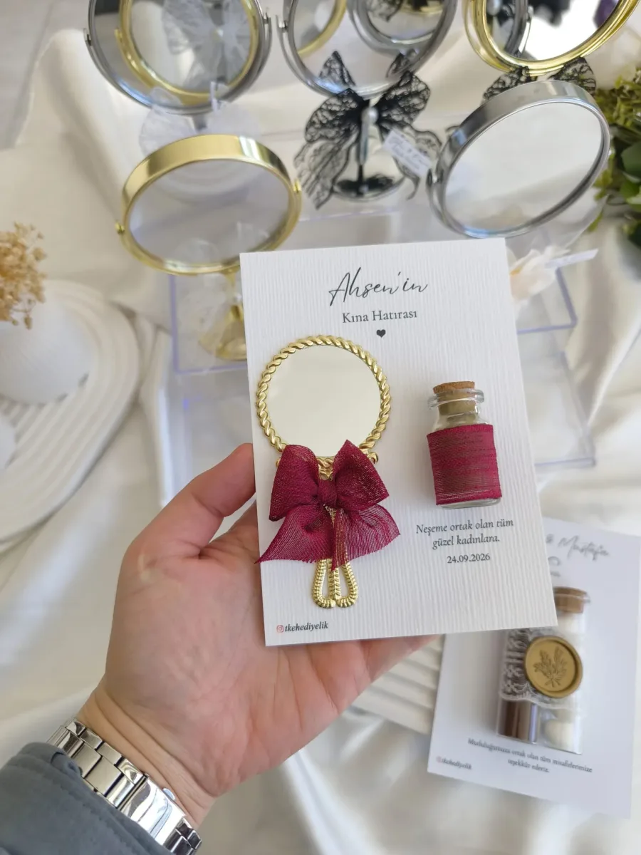 Bordo Fiyonklu Gold El Aynası & Keten Sargılı Şişe Kına Hediyeliği