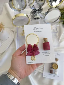 Bordo Fiyonklu Gold El Aynası & Keten Sargılı Şişe Kına Hediyeliği