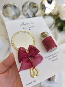 Bordo Fiyonklu Gold El Aynası & Keten Sargılı Şişe Kına Hediyeliği