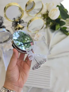 Gümüş Ayaklı Mini Masa Aynası Dantel & İnci Süslemeli Söz, Nişan, Nikah Hediyeliği