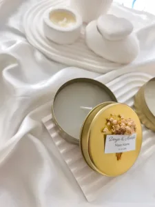 Gold Teneke Kutuda Kuru Çiçek Süslemeli Mum Söz, Nişan & Nikah Hediyeliği