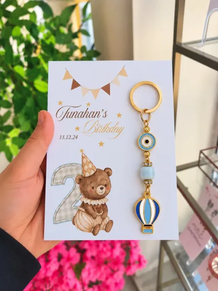 Nazar Boncuklu & Uçan Balon Figürlü Gold Anahtarlık Doğum Günü, Bebek Mevlidi & Baby Shower Hediyeliği
