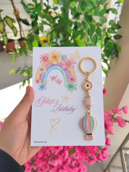 Pembe Nazar Boncuklu & Pastel Uçan Balon Figürlü Gold Anahtarlık Doğum Günü, Bebek Mevlidi & Baby Shower Hediyeliği