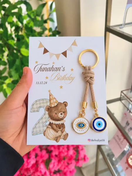 Örgü Halat İpli Çift Nazar Boncuklu Gold Anahtarlık Doğum Günü, Bebek Mevlidi & Baby Shower Hediyeliği